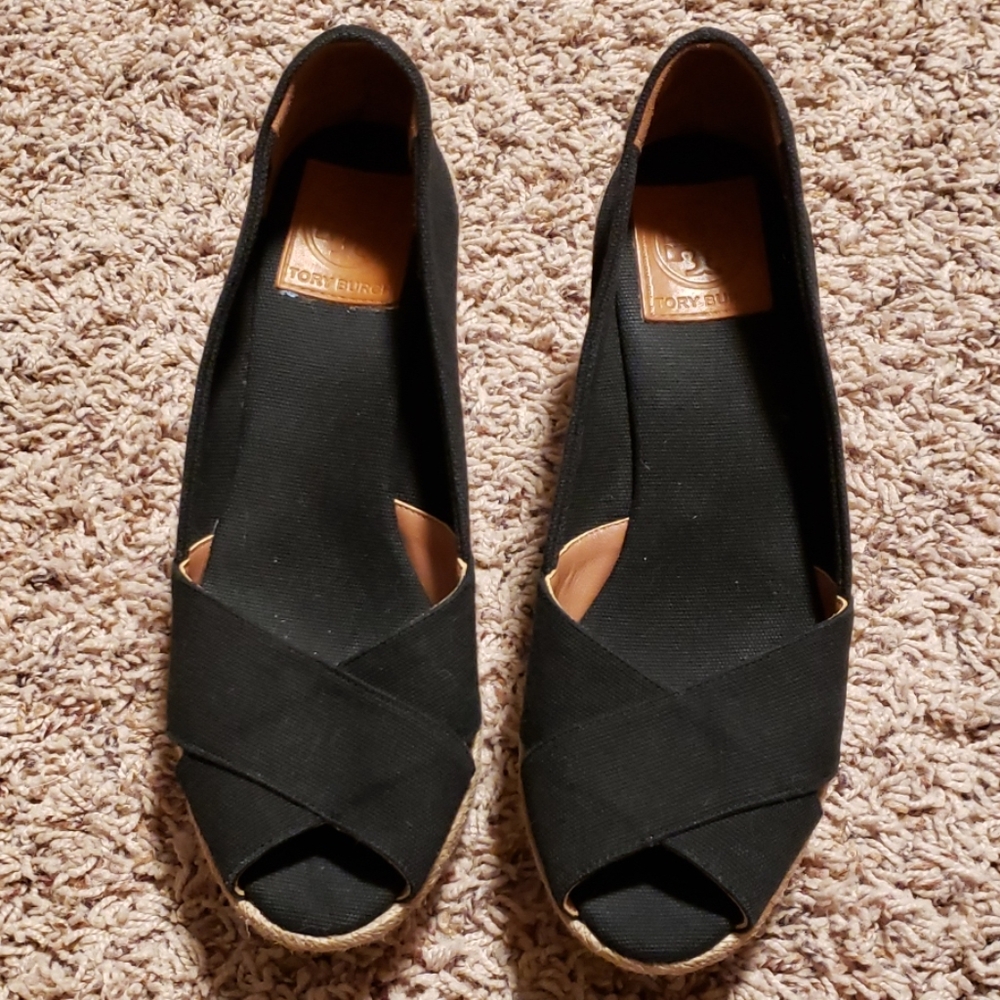 Tory Burch Filipe Espadrille Wedge Black Canvas 9B